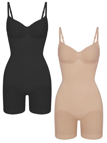 EUYZOU 2PK Shapewear Bodysuit for Women Tummy Control Seamless Sculpting Body Shaper Top - Black/Skin M/L