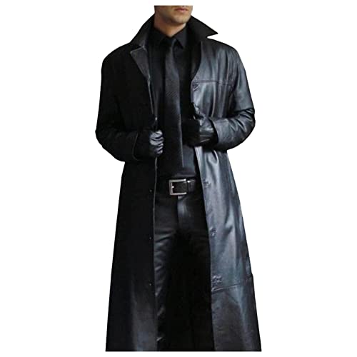 Mens Retro Black Leather Jacket Long Steampunk Overcoat German Leather Coat WW2 Military Officer Uniform Trench Coat(Black,XX-Large)