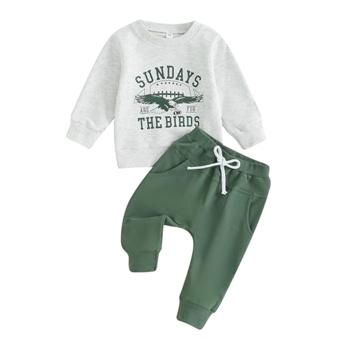 Karuedoo Toddler Baby Boy Game Day Football Outfit Sundays Are for the Birds Eagles Sweatshirt and Jogger Pants Set (Gray Green, 18-24 Months)