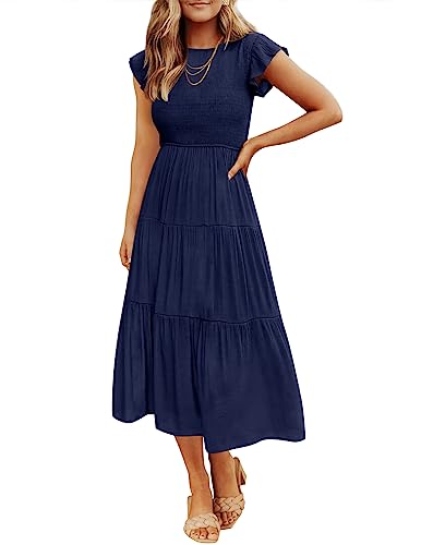 ZESICA Women's 2024 Summer Casual Flutter Short Sleeve Crew Neck Smocked Elastic Waist Tiered Midi Dress,RoyalBlue,Large