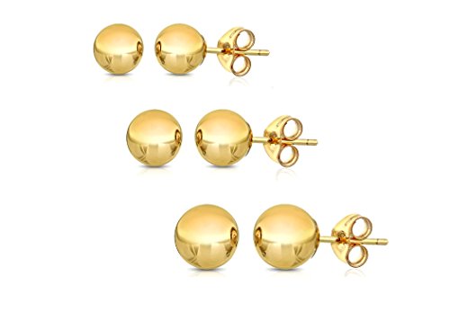 14K Solid Gold Ball Stud Earrings (3-Pair-Pack) 3MM 4MM and 5MM… Choose a Color (Yellow)