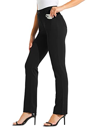 Willit 31' Women's Dress Yoga Pants Straight Leg Work Slacks Pants Office Belt Loops with 4 Pockets Black L