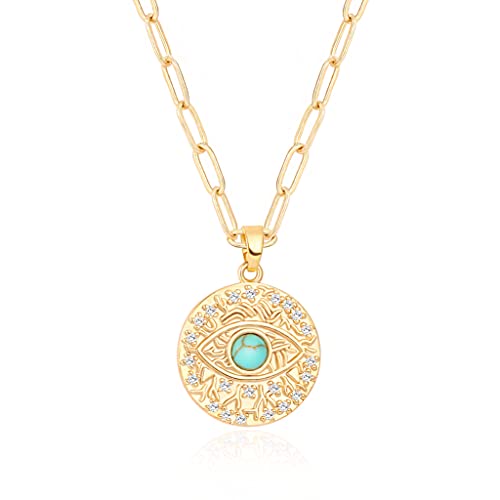 Aobei Pearl CZ Evil Eye Medallion Necklace 18k Gold Paper Clip Chain Coin Pendant Necklace Pave Turquoise Cubic Zirconia Protection Layering Jewelry for Women 18’’