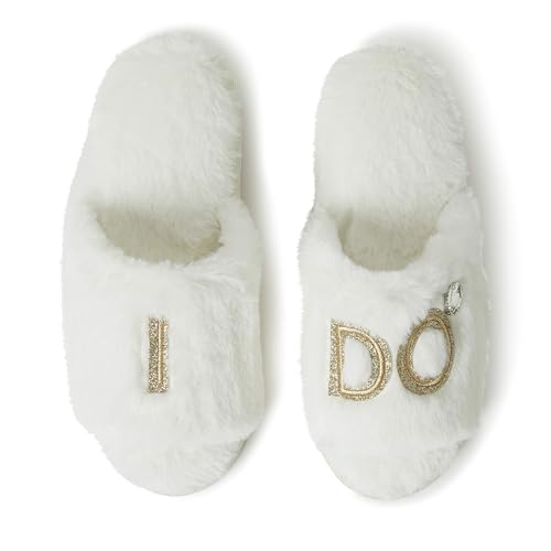 Dearfoams Women's Bride and Bridesmaid Gifts I Do Crew Slippers for Wedding and Bachelorette Party, White, Large