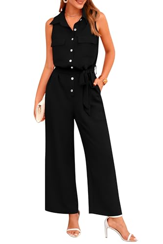 PRETTYGARDEN Women's Summer Jumpsuits Dressy Casual Sleeveless Button Up Belted Long Pants Rompers (Black,Small)