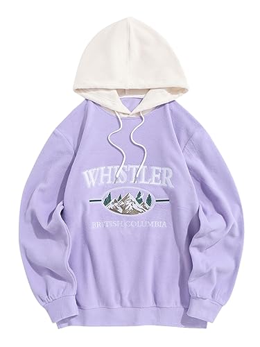 ZAFUL Streetwear Colorblock Letter Mountain Embroidery Polar Fleece Vintage Hoodie(0-Purple,Large)