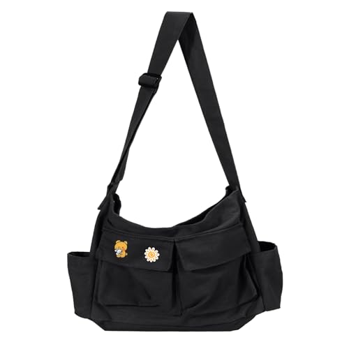 Canvas Messenger Bag Large Hobo Crossbody Bags with Multiple Pockets,School Vintage Shoulder Laptop Bag for Women and Men-Black