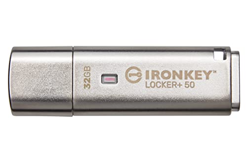 Kingston Ironkey Locker+ 50 32GB Encrypted USB Flash Drive | USB 3.2 Gen 1 | XTS-AES Protection | Multi-Password Security Options | Automatic Cloud Backup | Metal Casing | IKLP50/32GB,Silver