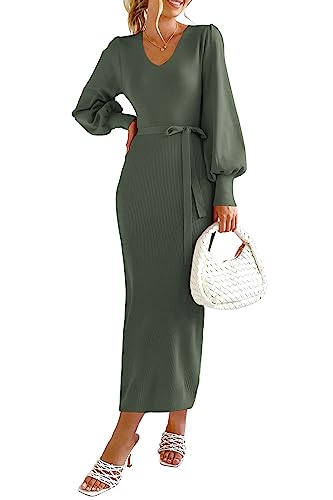 PRETTYGARDEN Women's 2023 Fall Knit Pullover Sweater Elegant Long Lantern Sleeve V Neck Maxi Dress (Army Green,Large)