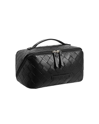 EACHY Travel Makeup Bag,Large Capacity Cosmetic Bags for Women,Waterproof Portable Pouch Open Flat Toiletry Bag Make up Organizer with Divider and Handle (Checkered-Black, Medium)