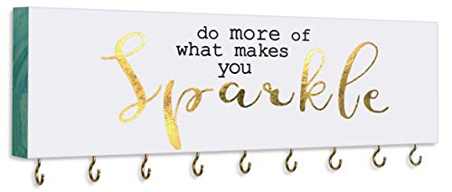 SANY DAYO HOME Do More of What Makes You Sparkle Wall Mount Necklace Holder Organizer with 9 Jewelry Hooks for Ring, Hair Bow, Headband, Purse - Wall Decor for Girls Room