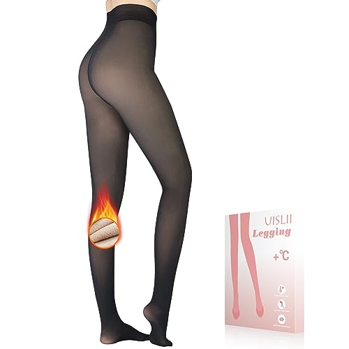 UISLII Fleece Lined Tights Women, Warm Pantyhose leggings Women,Fake Translucent Thermal Skin Colored Tights for Winter(Black Foot Medium -Medium Height)
