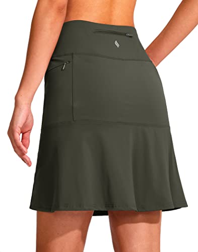 SANTINY 19' Golf Skorts Skirts for Women Zipper Pockets Knee Length Skort Women's High Waist Athletic Tennis Skirt (Olive Green_L)