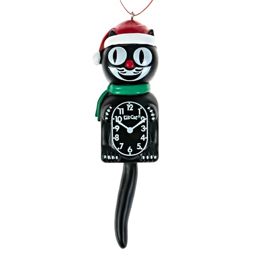Kit Cat Clock Santa Decorative Christmas Ornament, Black (5-Inches Tall) - Classic Kit-Cat Klock with Green Scarf & Red Hat - Perfect Addition to Christmas Trees & Holiday Decorations