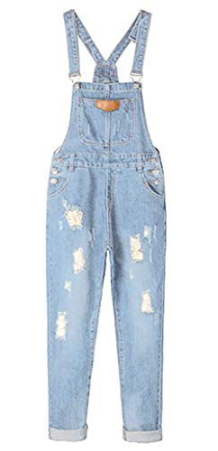 AvaCostume Women's Adjustable Strap Ripped Denim Overalls LightBlue XXL