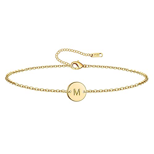 Ovian Initial Charm Bracelet for Women 18K Gold Plated stainless steel Coin Disc Engraved Letter M Bracelet Personalized Monogram Name Bracelet for Girls