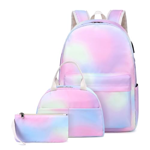 Goodking School Backpack for Girls Lightweight Student Bookbag Water Resistant Laptop Backpacks with USB Charging Port, Casual Daypack with Lunch Bag and Pencil Case,Rainbow
