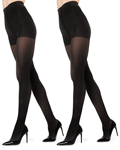 MeMoi 2 Pairs Women's Perfectly Opaque Control Top Microfiber Tights Black Q1/Q2