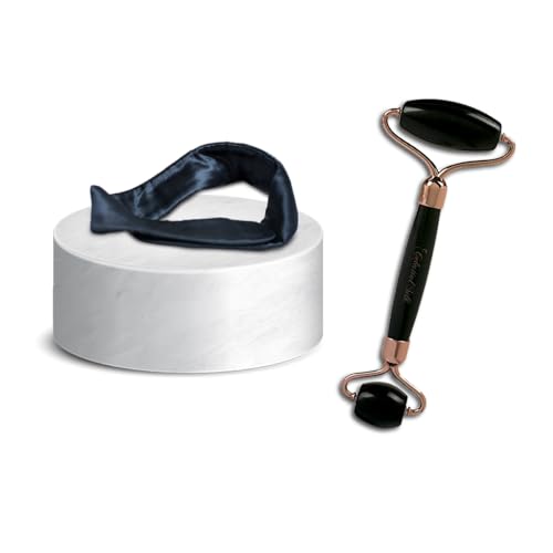 Celestial Silk Mulberry Silk Black Spa Headband and Black Obsidian Face Roller