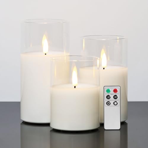 Eywamage Clear Glass Flameless Candles with Remote, Flickering Realistic LED Battery Pillar Candles Φ 3' H 4' 5' 6'