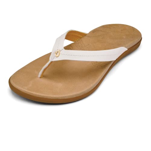 OLUKAI Honu Women's Beach Sandal, Soft & Comfortable Full-Grain Leather, Easy Slip-On Design for Everyday Fashion, Casual & Modern Style, Bright White/Golden Sand, 8