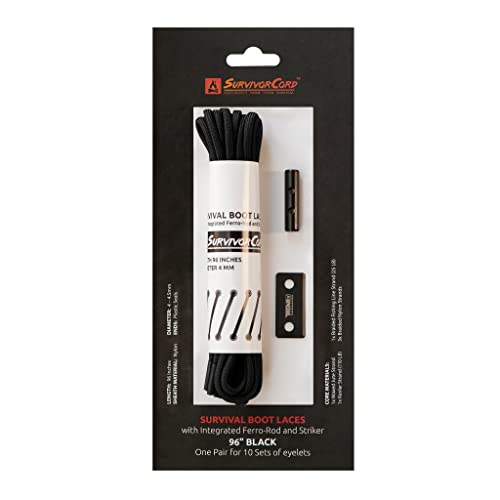 SurvivorCord Survival Boot Laces, 1 Pair, 54' / 6x Eyelets, Tactical Black