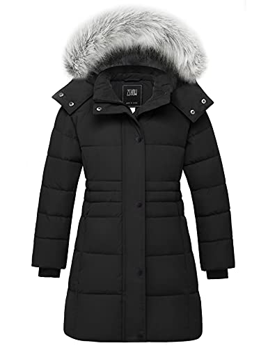 ZSHOW Girls' Winter Coat Fleece Lined Padded Parka Warm Fur Hooded Puffer Jacket(Black,14-16)