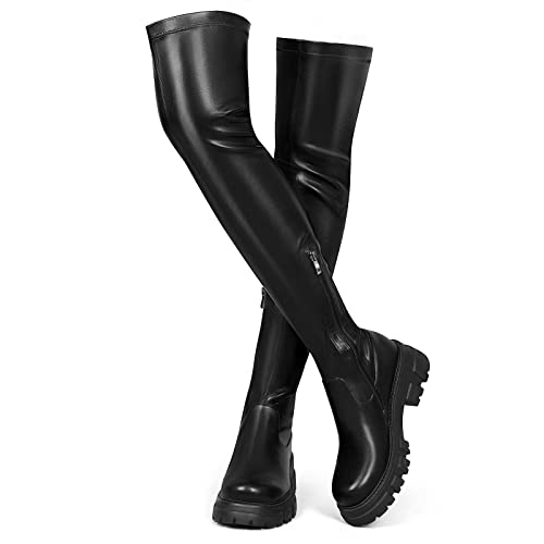 CouieCuies Black Thigh High Boots For Women Platform Over The Knee High Boots Lug Sole Comfortable Stretch Boots Low Heels 7.5