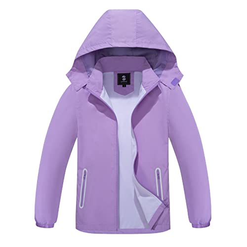 SaphiRose Kids Rain Jacket Waterproof Raincoat Mesh Lined Coat with Removable Hood for Boys Girls (Purple,10-12 years)