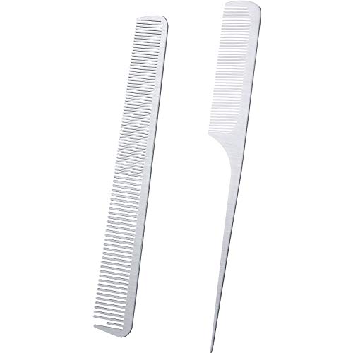 2 Pieces Metal Tail Combs Silver Rat Tail Hair Combs Fine Cutting Comb Teasing Pintail Barber Comb Stainless Steel Hair Styling Cutting Comb (Rat Tail and Fine Cutting Comb)