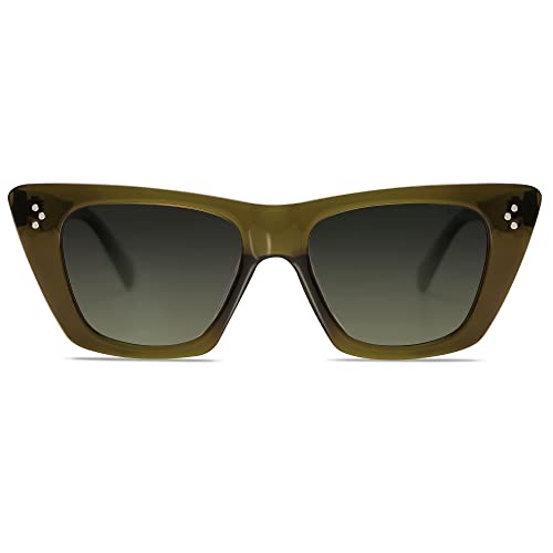 SOJOS Retro Trendy Cat Eye Polarized Sunglasses for Women Cute Stylish UV400 Sunnies SJ2199, Dark Olive Green/Grey