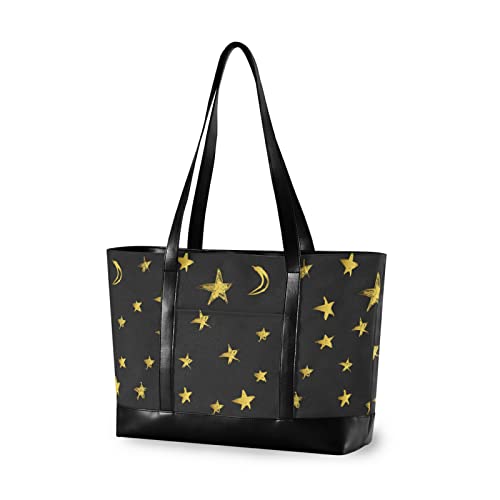 Golden Stars and Moons Women Laptop Tote Bag for Woman 15.6 inch Laptop Organizer Bag Teacher Work Purse