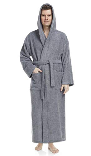 Arus Mens Hooded Classic Turkish Cotton Bath Robe with Full Length Options Gray, Large-X-Large