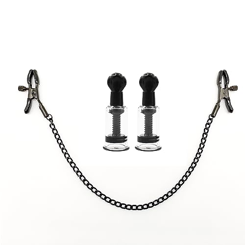 LANWAN Nipple Clamps with Nipple Sucker Set Breast Sucking Cup Vacuum Pump Non-Piercing Adjustable Nipple Clips for Men Women (Black)