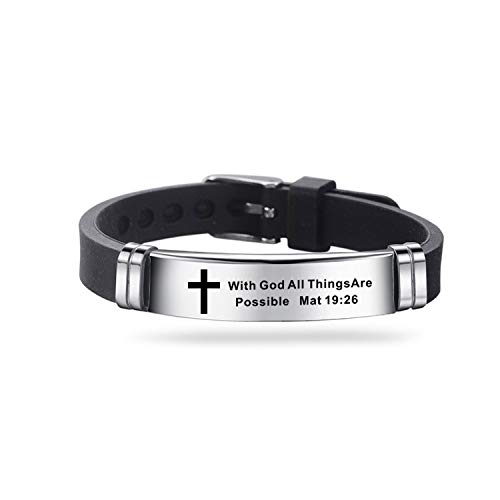 OutstandLong Inspirational Quote Cross Bracelets Faith Christian Bible Verse Silicone ID Wristband Religious Gifts for Men Women Girls Stainless Steel Rubber Adjustable, Silver