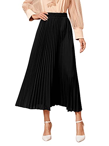 SweatyRocks Women's Casual Solid Longline Pleated Long Skirt Black M
