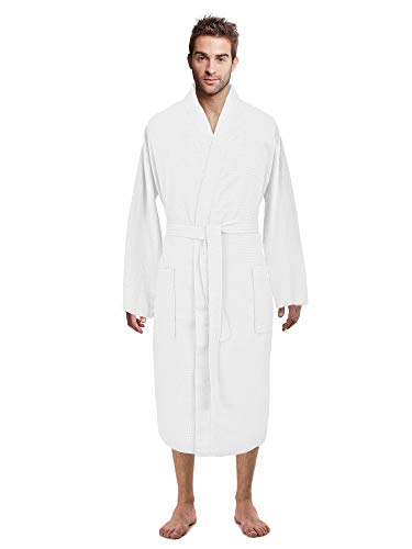 Turkish Linen Waffle Knit Lightweight Kimono Spa & Bath Robes for Men - Quick Dry - Soft (Large, White)
