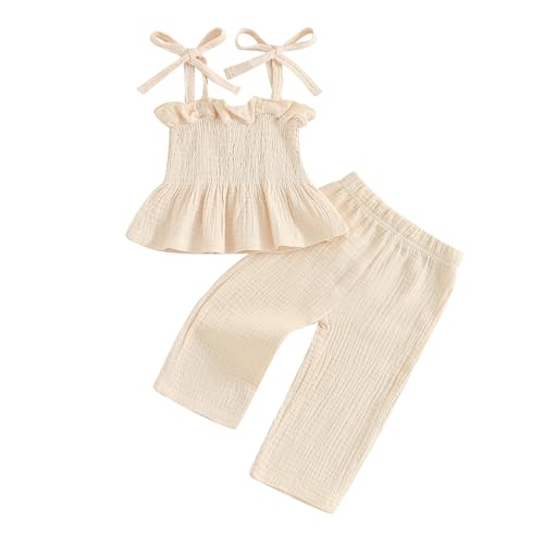 VISGOGO Infant Baby Toddler Girls Clothes Solid Color Sleeveless Camisole Linen Pants Set Baby Summer Outfits (Apricot, 9-12 Months)
