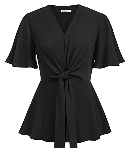 Black Peplum Tops for Women V Neck Tie Front Shirts Tops Dressy XL