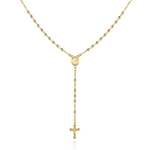 Barzel 18K Gold Plated Virgin Mary Rosary Bead Cross Necklace - Made In Brazil (18 Inches)
