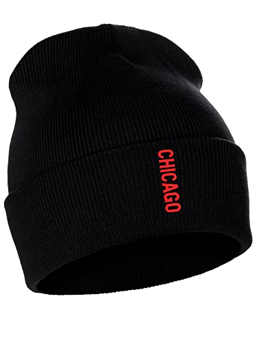 Daxton Vertical USA Cities Cuffed Beanie Winter Knit Hat Skully Cap, Chicago Black Red