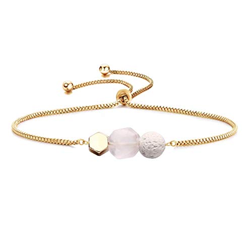 Jardme Essential Oil Diffuser Bracelet, Lava and Rose Quartz Essential Oil Bracelet, Rose Quartz Gemstone Bracelet, Adjustable Gold Bracelet