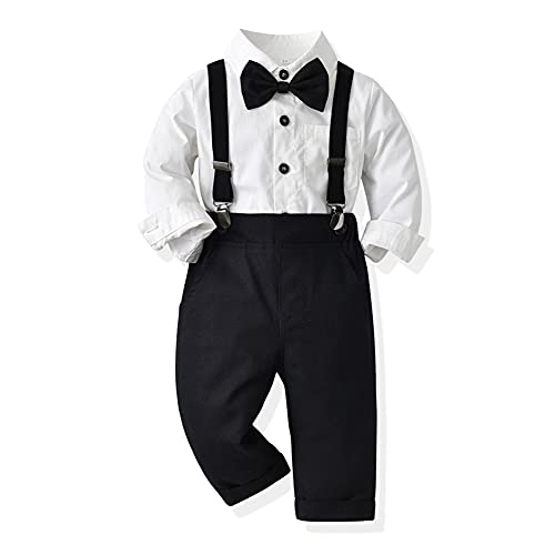 IDOPIP Autumn Baby Boys Clothes Sets Toddler Boy Outfits Gentleman Suits 3pcs Striped Bow Tie Shirts and Suspenders Pants Casual Birthday Formal Wedding Party Dress Suits Black + White 12-18 Months