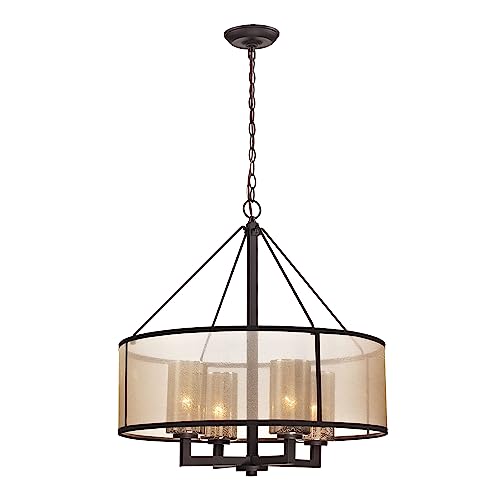 Elk Home Diffusion 4-Light Chandelier - in Oil Rubbed Bronze Finish, with Beige Organza with Mercury Glass Inner Shade, Transitional Style