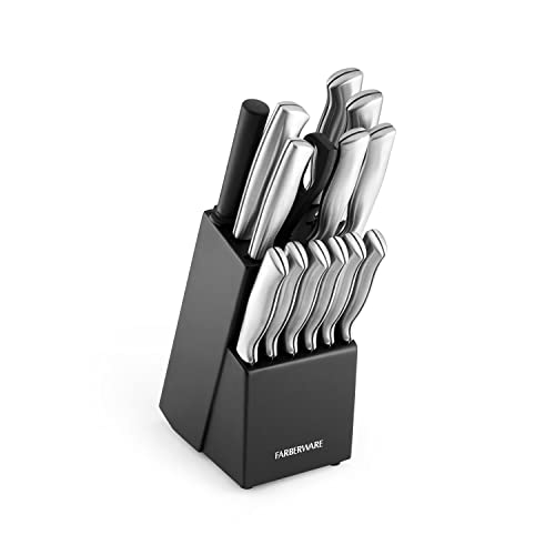 Farberware 5152497 15-Piece High-Carbon Stamped Stainless Steel Kitchen Knife Set with Wood Block, Steak Knives, Razor-Sharp, Black