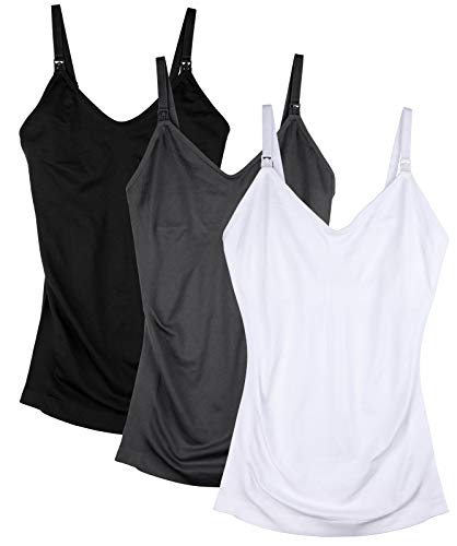 DAISITY Seamless Nursing Tank Tops for Women Breastfeeding Maternity Cami Bra Pack of 3 Color Black Grey White