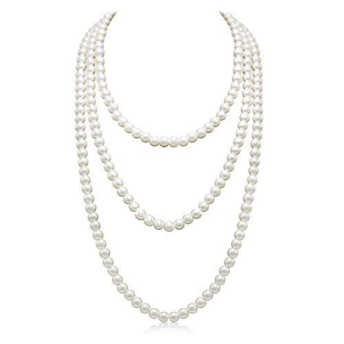 Aisansty,Long Pearl Necklace for Women Layered Cream White Faux Pearl Beads Strand Necklace Costume Jewelry,Diameter Pearl 8MM,69'