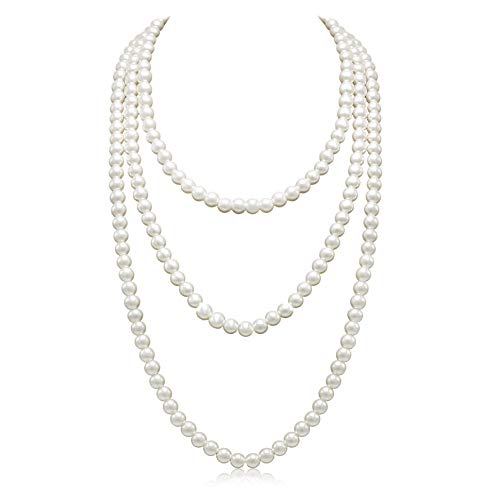 Aisansty,Long Pearl Necklace for Women Layered Cream White Faux Pearl Beads Strand Necklace Costume Jewelry,Diameter Pearl 8MM,69'