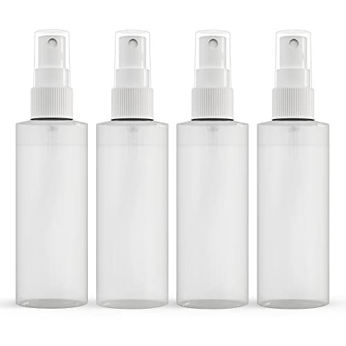 【Made In USA】Plastic Spray Bottle Fine Mist 4 Oz (120ml) – Refillable, Reusable, Portable Sprayer, Travel Size, Leak Proof for Household Use, Essential Oil, Cleaning Solution and Perfume (4 Pack)