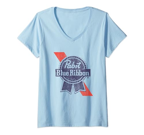 Womens Pabst Blue Ribbon Beer Distressed Sash & Ribbon Logo V-Neck T-Shirt